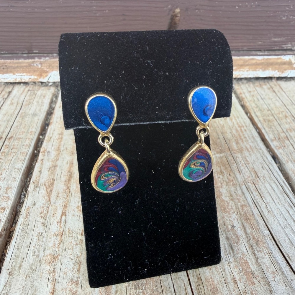 Vintage Style Gold Tone Enamel Teardrop Dangle Earrings Jewel Tone Boho Paisley